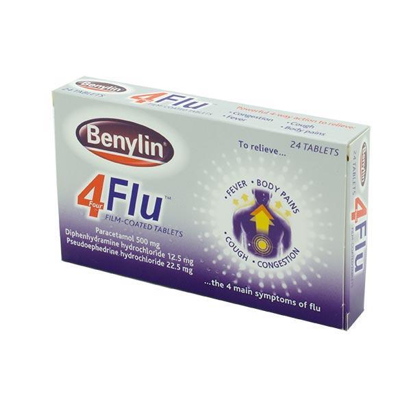 Benylin 4 Flu Tablets  24 Pack, Cold, Flu, Nasal congestion, Sinus congestion, Pain, Inflammation, Leahys Pharmacy