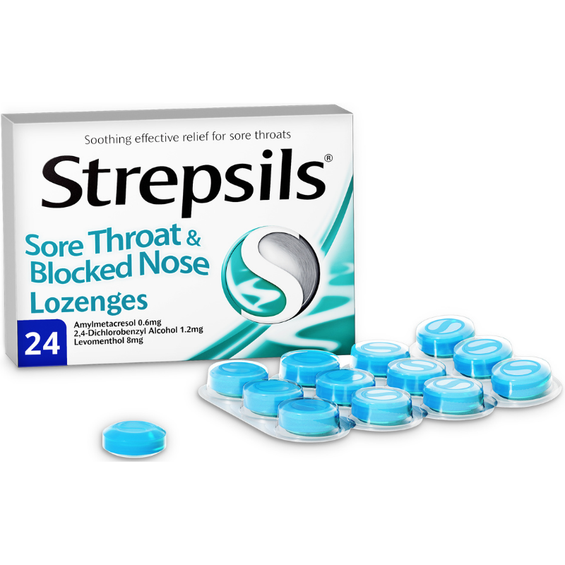 Strepsils sore throat blocked nose lozenges, Leahys pharmacy